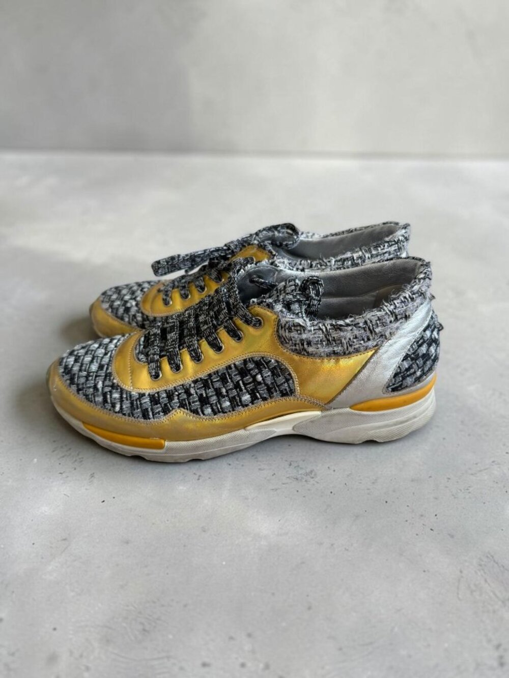 CHANEL Tricolor Metallic Tweed Leather Sneakers CC Low Trainers Size 38.5 / 8.5